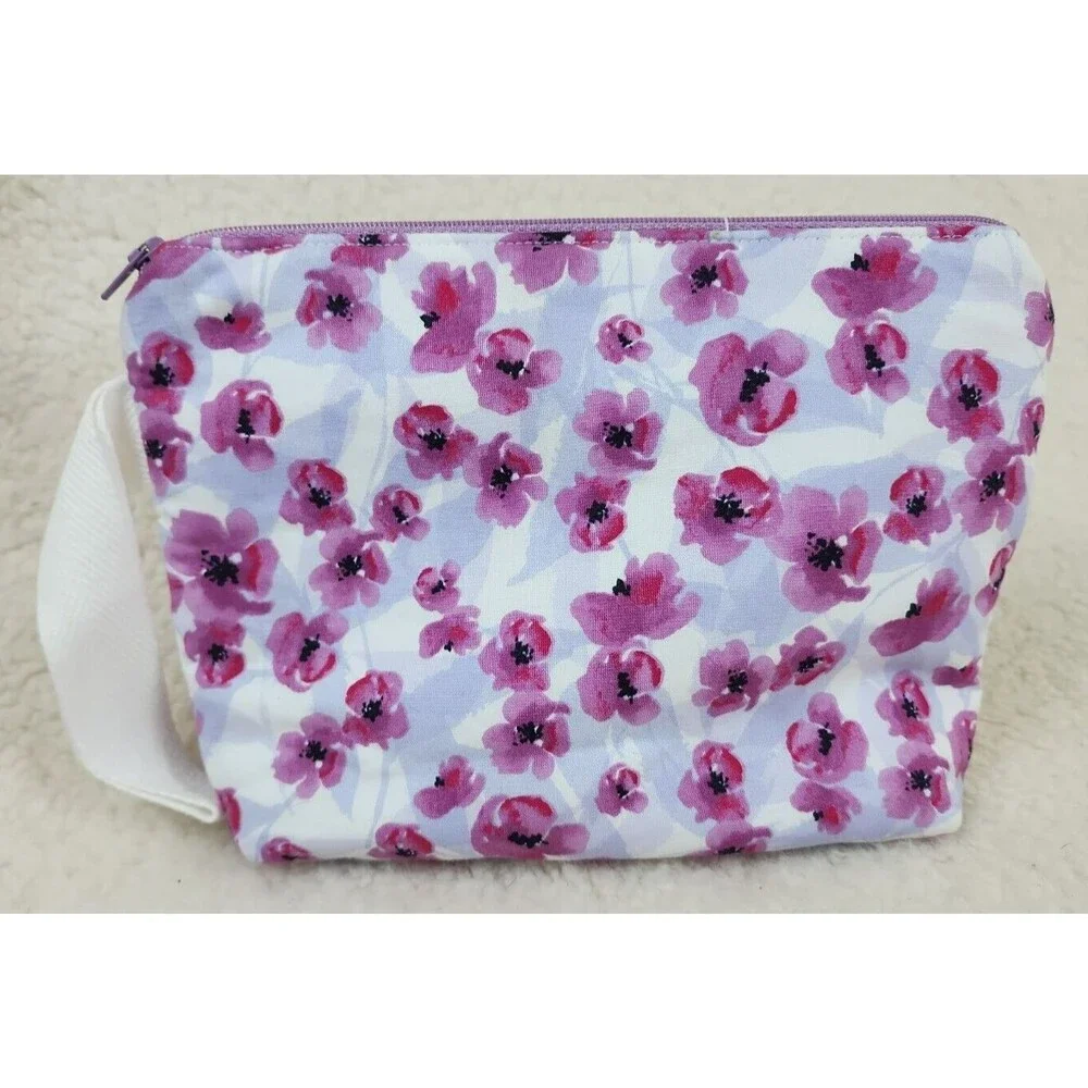 Purple Flower/Floral Print Makeup Bag, Floral Project Bag, Zippered Craft Pouch